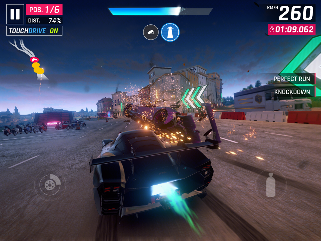 Asphalt 9: Legends (iPad) screenshot: I have activated nitro boost and wrecked the race leader.