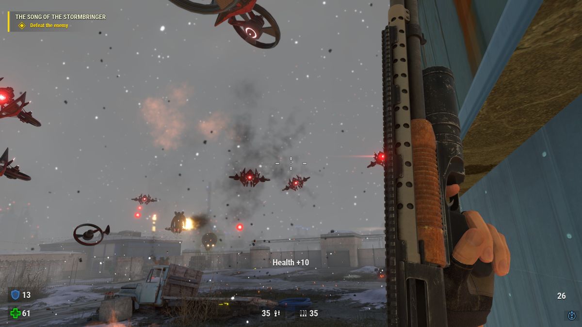 Serious Sam: Siberian Mayhem (Windows) screenshot: Lots of flying drones that are hard to hit.