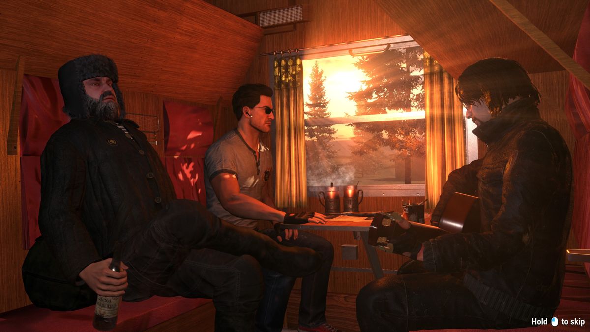 Serious Sam: Siberian Mayhem (Windows) screenshot: Serious Sam and his gang relaxing on his train