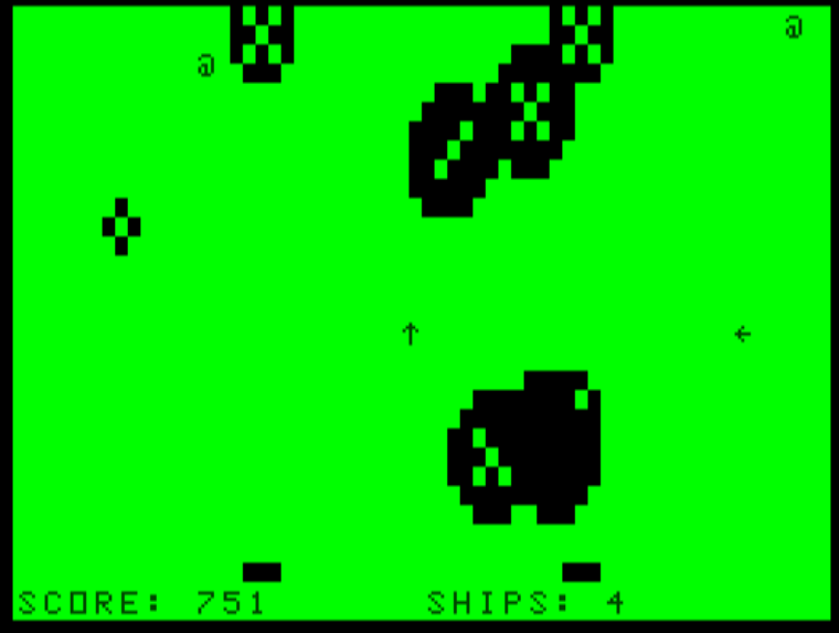 Astro-Storm (Dragon 32/64) screenshot: The player's spaceship is the left arrow. Across the playfield are meteors, bonus points (@ symbols) and extra lives (Up arrows).