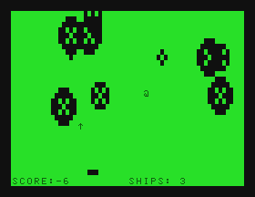 Astro-Storm (TRS-80 MC-10) screenshot: The playfield. There are meteors to avoid, derelict spacecrafts to touch for extra lives and bonus points, represented by arrows and @tmarks.