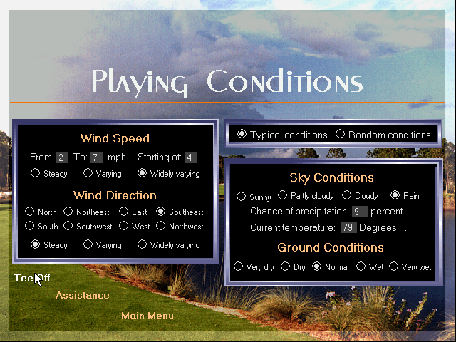 Greg Norman Ultimate Challenge Golf (Windows 3.x) screenshot: Choosing the playing conditions