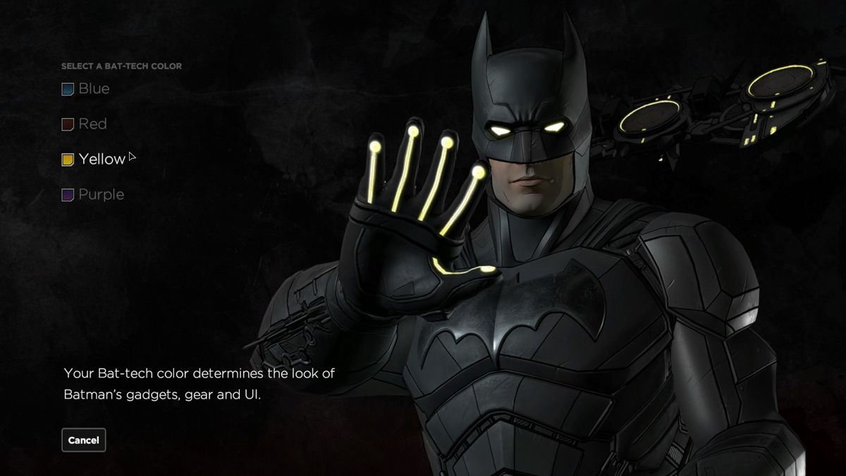 Batman: The Telltale Series - The Enemy Within (Windows) screenshot: The game offers some minor customisation options such as picking the colour of Batman's gadgets
