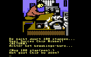 De Nachtwacht (Commodore 64) screenshot: Starting Location: at the security desk in the MCN-warehouse.