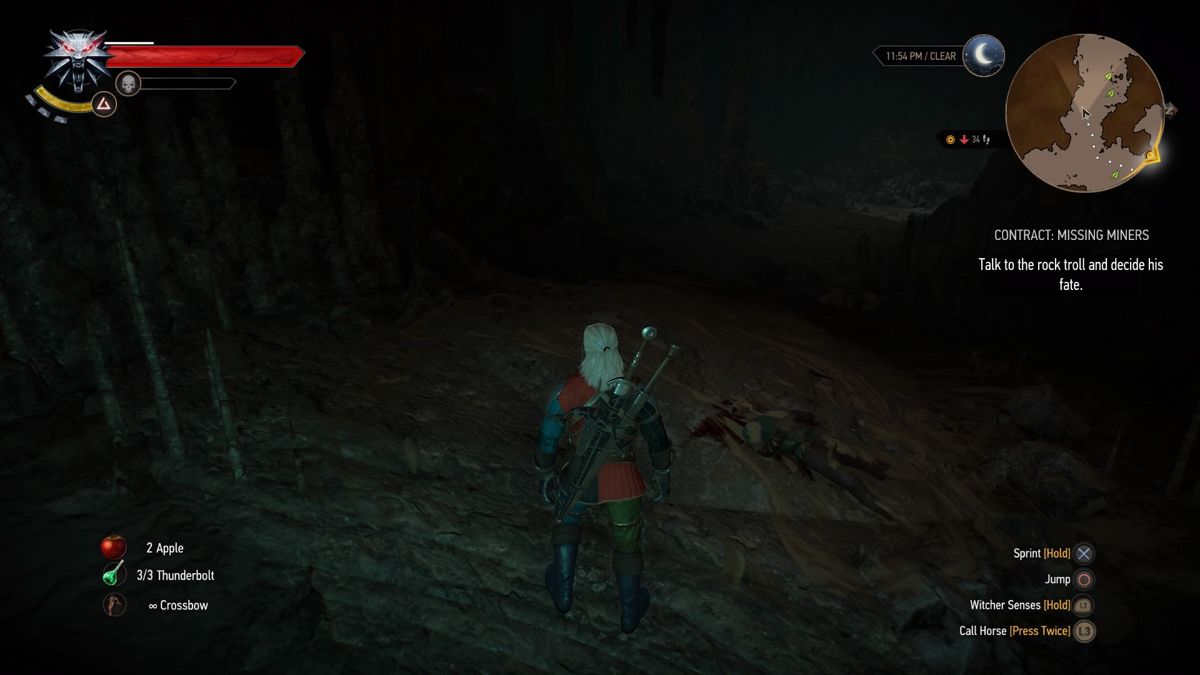 The Witcher 3: Wild Hunt - New Quest: "Contract: Missing Miners" (PlayStation 4) screenshot: Found another dead miner in the cavern