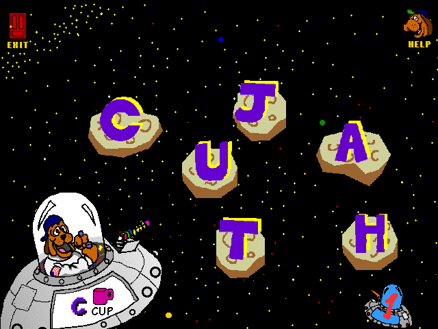 Gus Goes to Cybertown (Windows 3.x) screenshot: In the toy store, we have a spelling minigame. On the easiest difficulty, we only have to click on the first letter.