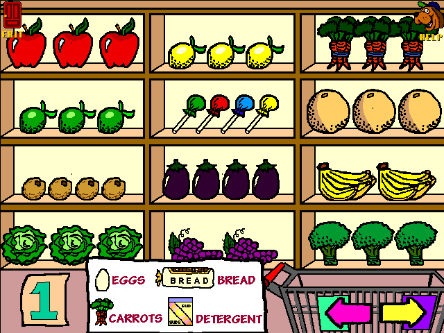 Gus Goes to Cybertown (Windows 3.x) screenshot: In the market, we have to find the items on the shopping list
