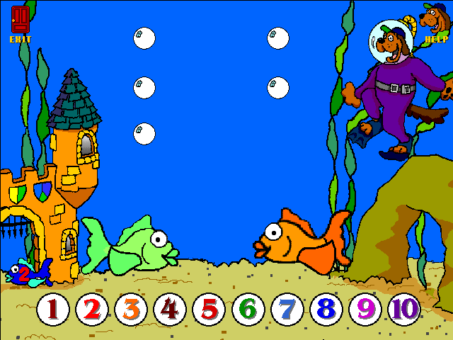 Gus Goes to Cybertown (Windows 3.x) screenshot: Second difficulty: counting the bubbles from two separate fish