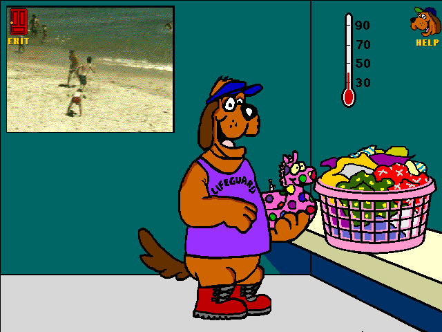 Gus Goes to Cybertown (Windows 3.x) screenshot: In the laundry, we have to dress up Gus for the occasion. We change his headpiece, shirt, shoes and accessories by clicking on them.