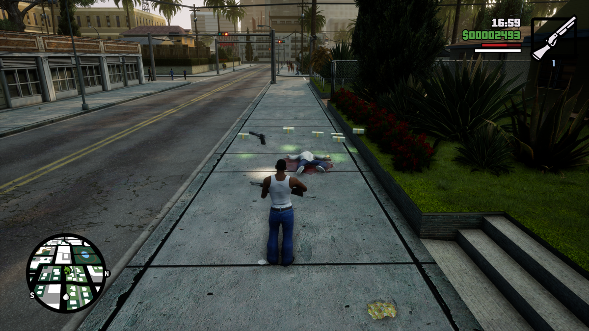 Grand Theft Auto: The Trilogy - The Definitive Edition (Windows) screenshot: San Andreas - Kill a drug dealer and he will drop his gun and a lot of paper.