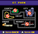 Pocket Racing (Game Boy Color) screenshot: GT Park menu