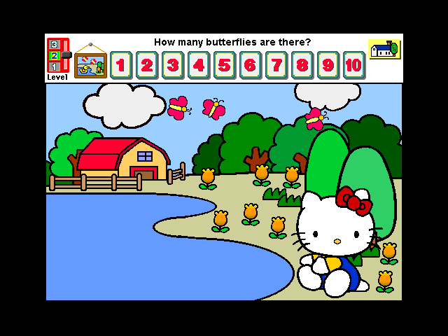Hello Kitty: Big Fun Deluxe (Windows 3.x) screenshot: Counting, second difficulty: clicking on the correct amount of butterflies