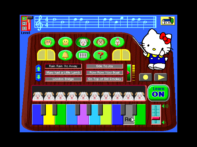 Hello Kitty: Big Fun Deluxe (Windows 3.x) screenshot: The learning mode is a Simon Says variant. Higher difficulty means more notes to remember at once.