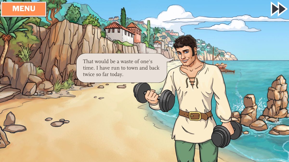 Summer Daze: Tilly's Tale (Windows) screenshot: Maximillian can never seem to go anywhere without his dumbbells