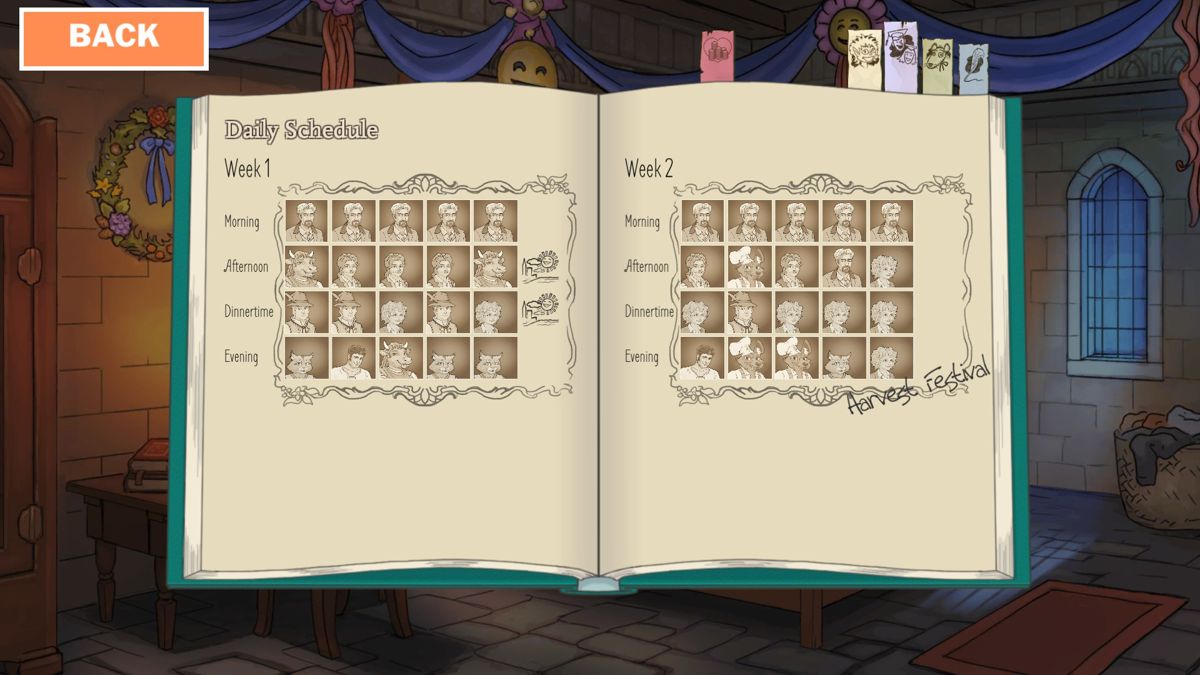 Summer Daze: Tilly's Tale (Windows) screenshot: You'll have two weeks to prepare for the Harvest Festival and you Student Handbook will keep tabs of who you spend time with leading up to it.