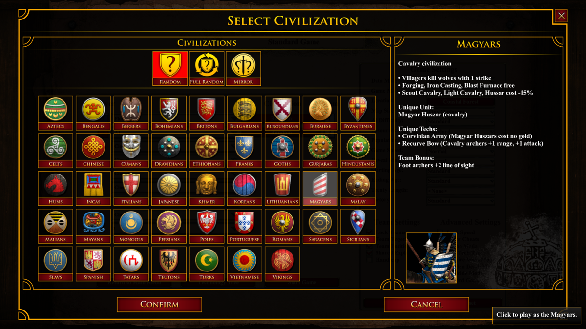 Age of Empires II: Definitive Edition (Windows) screenshot: The civilization choice in skirmish and multiplayer has eventually been overhauled into this tiled design.