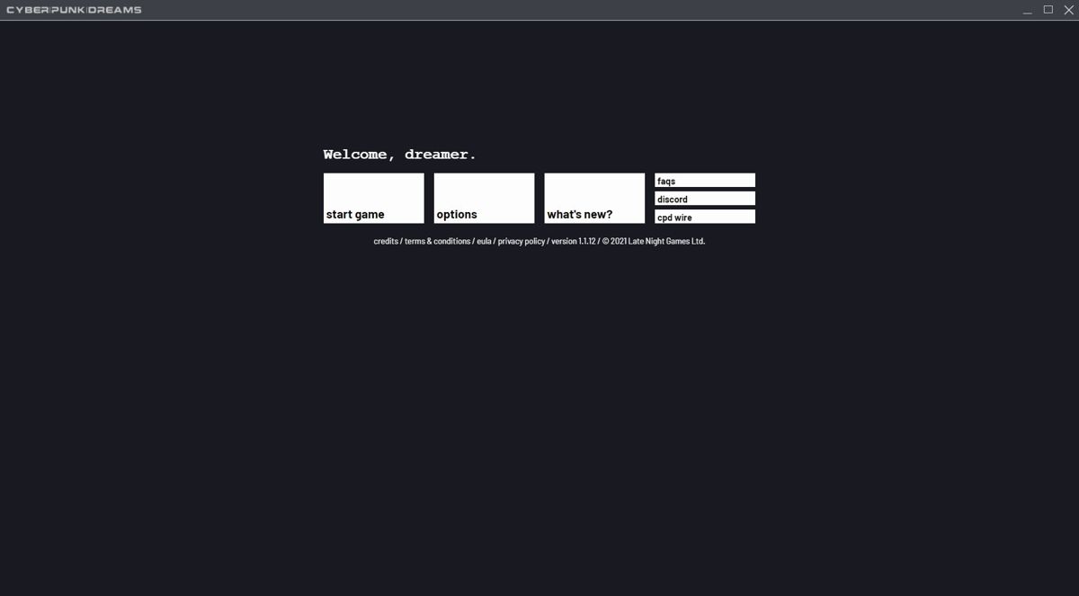 cyberpunkdreams (Windows) screenshot: The game starts with this screen. Before it can be played an account has to be set up