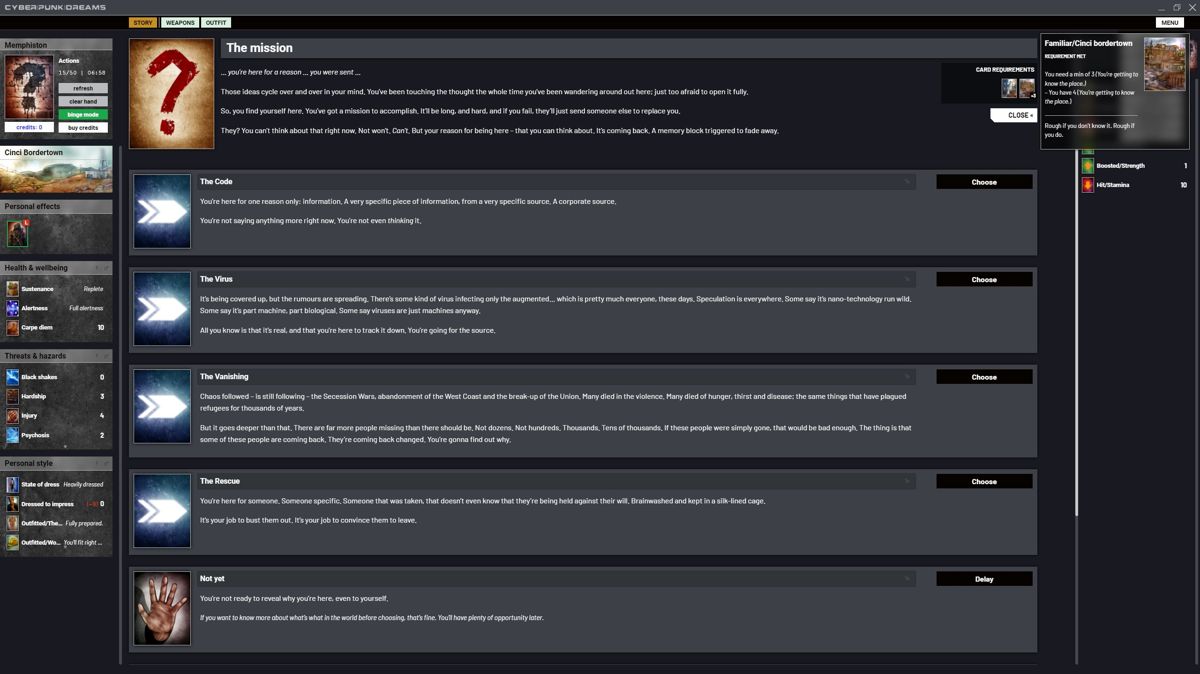 cyberpunkdreams (Windows) screenshot: So why are we here? What is our purpose in life? This is where we choose our character's mission - or maybe delay it a bit.