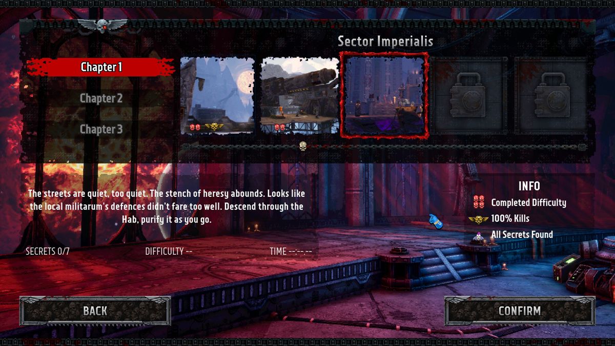 Warhammer 40,000: Boltgun (Windows) screenshot: Unlocked levels for the different chapters