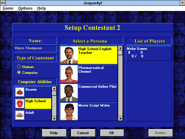 Jeopardy! (Windows 3.x) screenshot: Setting up the candidates