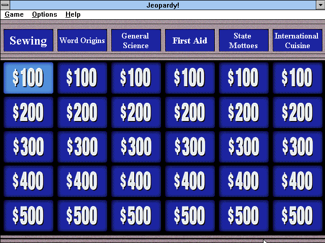 Jeopardy! (Windows 3.x) screenshot: The game board