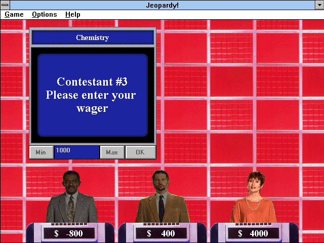 Jeopardy! (Windows 3.x) screenshot: This means the candidate has to bet money