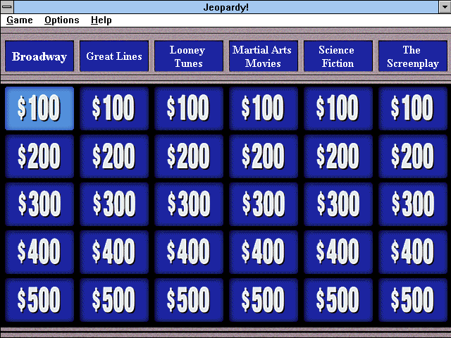 Jeopardy: TV & Movie Pack (Windows 3.x) screenshot: An example of the new categories