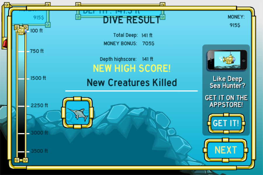 Deep Sea Hunter (Browser) screenshot: Completion of first run