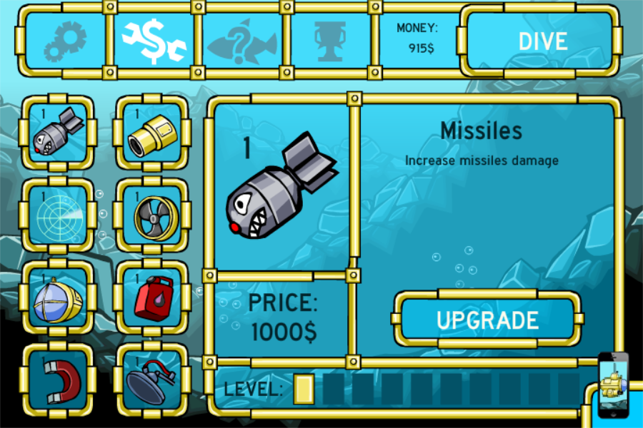 Deep Sea Hunter (Browser) screenshot: Not enough money to upgrade anything