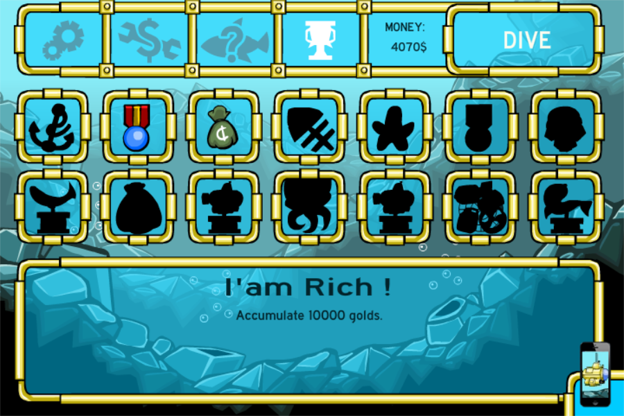 Deep Sea Hunter (Browser) screenshot: Achievements