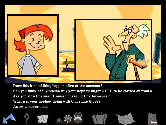 JumpStart Adventures: 5th Grade - Jo Hammet, Kid Detective (Windows 16-bit) screenshot: In dialogues, we have to find the correct sentences to progress