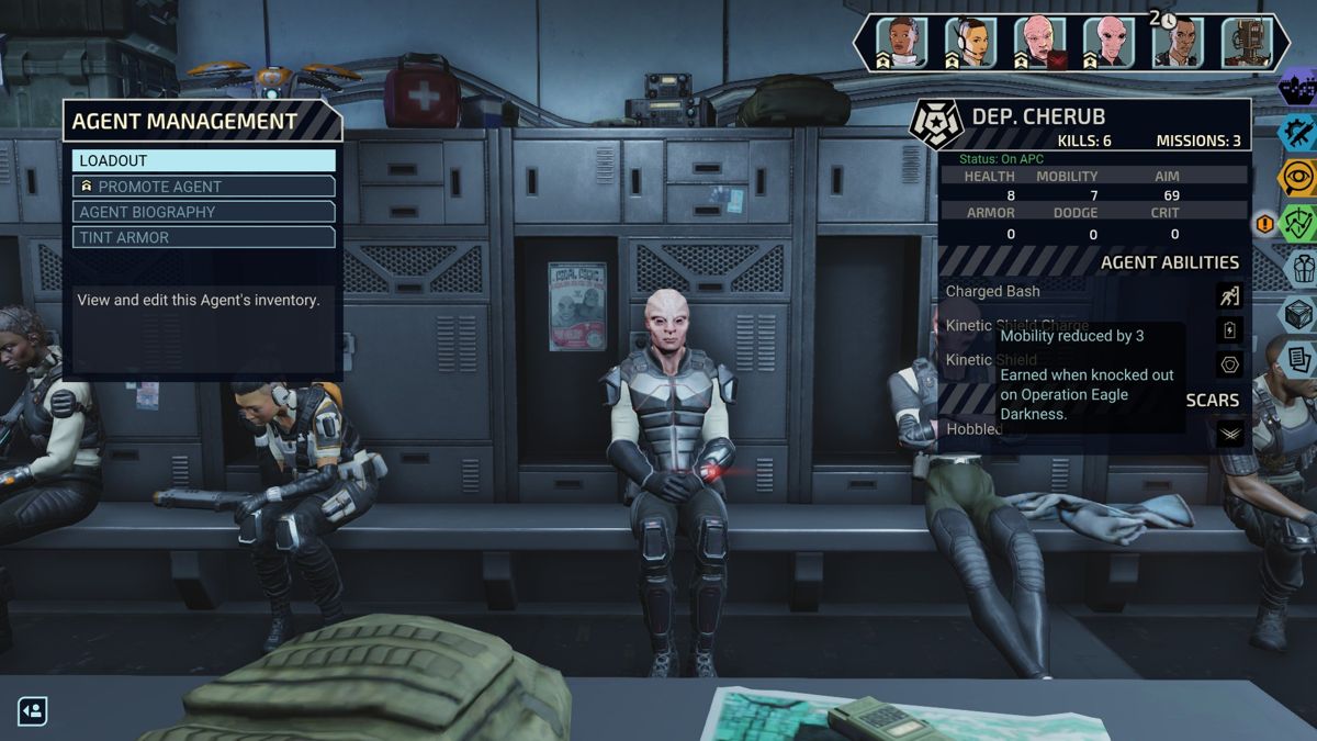 XCOM: Chimera Squad (Windows) screenshot: In the Locker Room you can promote agents, and customise their loadouts and armour tints.