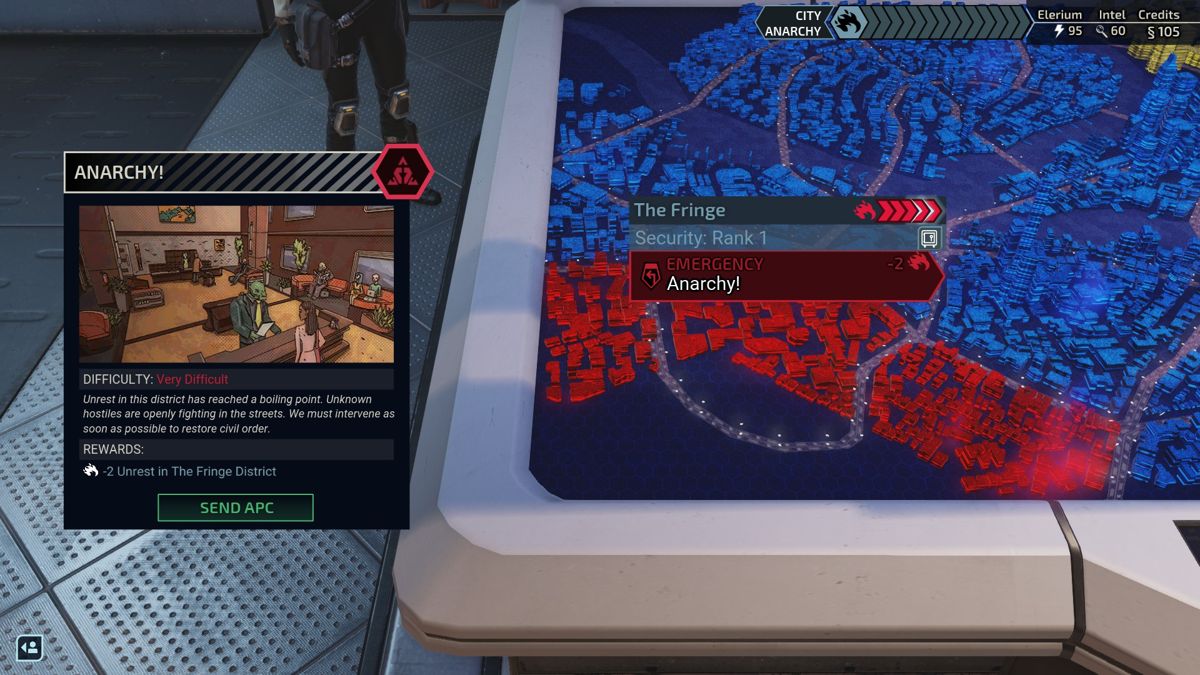 XCOM: Chimera Squad (Windows) screenshot: Oh no! You don't want a sector falling into anarchy.