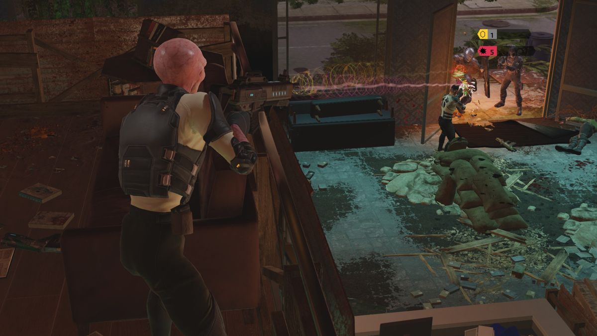 XCOM: Chimera Squad (Windows) screenshot: Chimera Squad's Sectoid, Verge, firing at an enemy with his assault rifle.