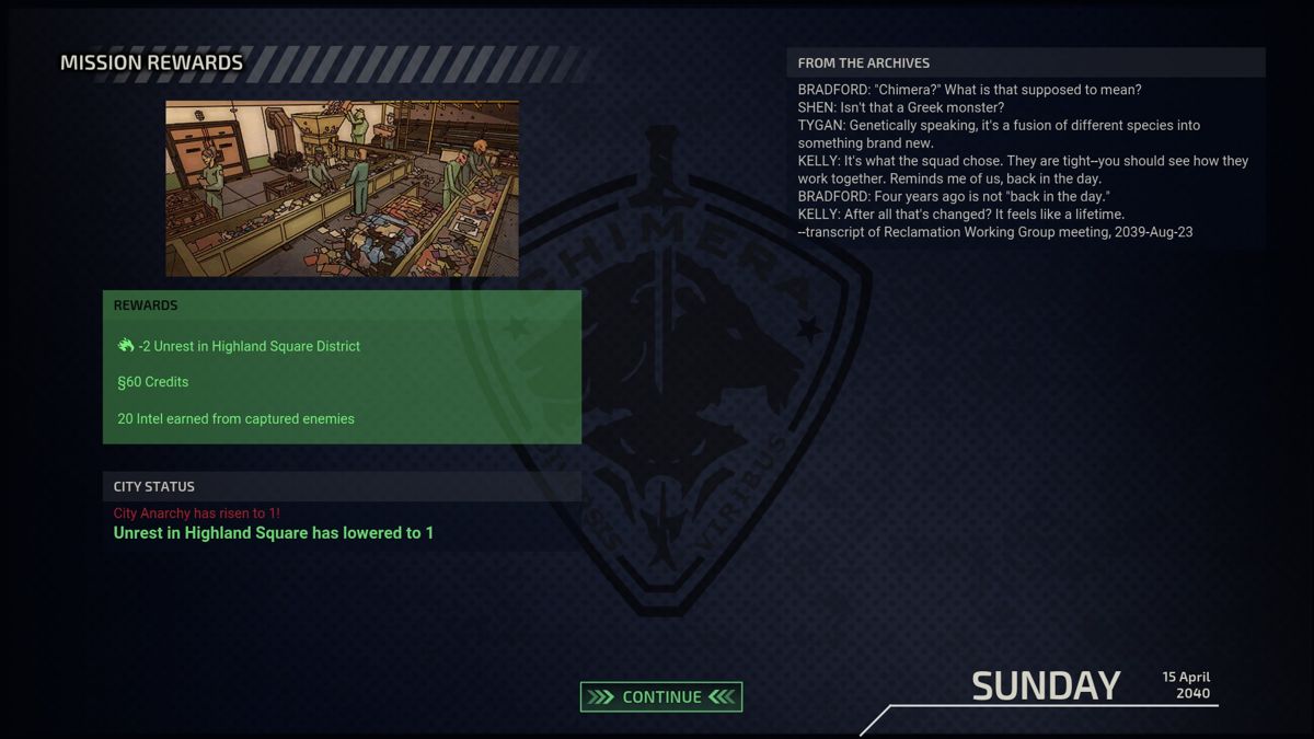 XCOM: Chimera Squad (Windows) screenshot: Completing missions not only rewards you with cash and intel, it also reduces unrest in the sector. You can also read excerpts from the Archives that reveal more background lore.