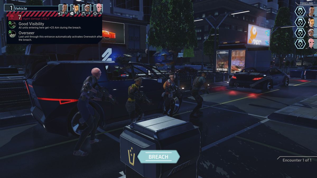 XCOM: Chimera Squad (Windows) screenshot: Sometimes, breaching isn't really breaching when you start the mission in the middle of a road...