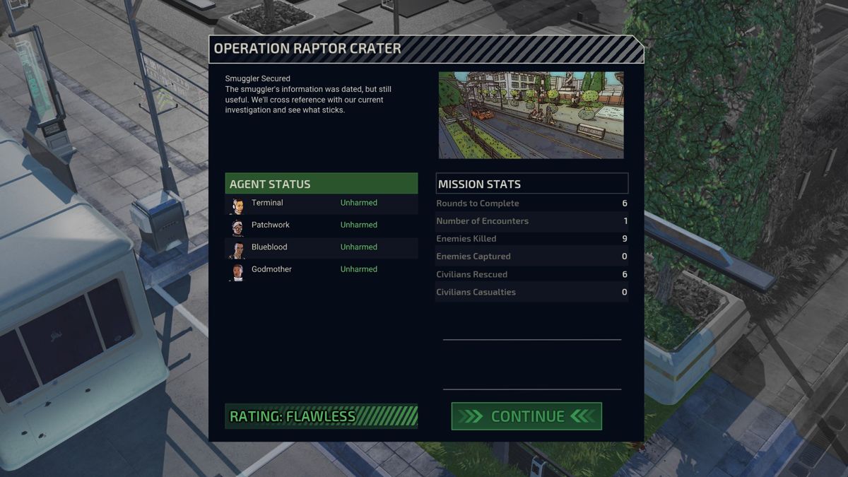 XCOM: Chimera Squad (Windows) screenshot: A Flawless mission rating is what you're striving for.