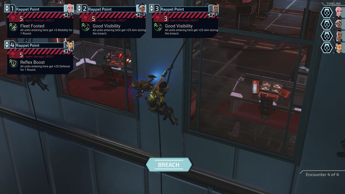 XCOM: Chimera Squad (Windows) screenshot: For levels on upper stories, you might be given the opportunity to breach while rappelling.