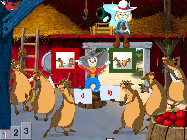 JumpStart Kindergarten Reading (Windows 16-bit) screenshot: ...and play a mini-game. Here we have to decide if the cows spell a real word.