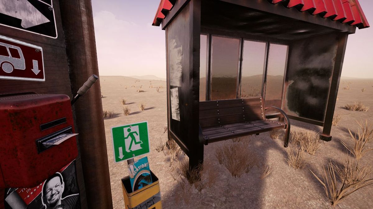 Desert Bus VR (Windows) screenshot: So we start at the bus stop. The notice board to the left is also the main menu. Ahead is a green exit sign and a leaflet holder. Picking up the leaflet starts the game's shutdown process
