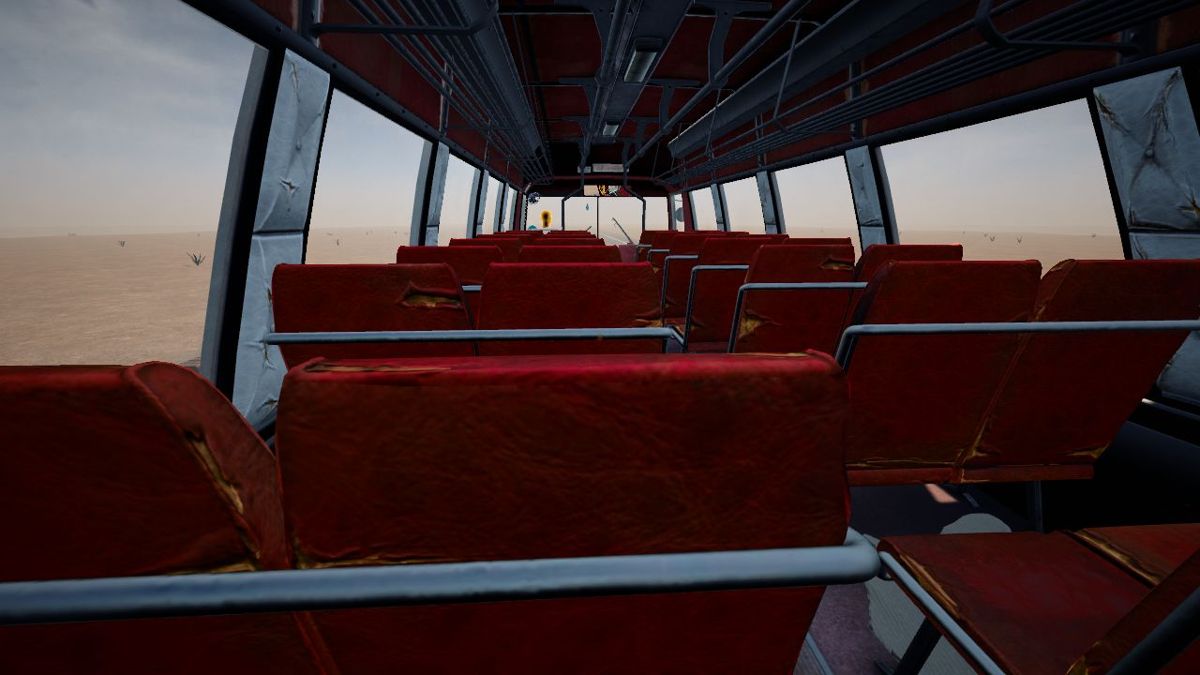 Desert Bus VR (Windows) screenshot: So here we are sitting on the bus as a passenger. Not much to do really apart from sit here for the eight hour trip. We can look out of the window, we can look around at the other seats and behind us but we cannot move around.