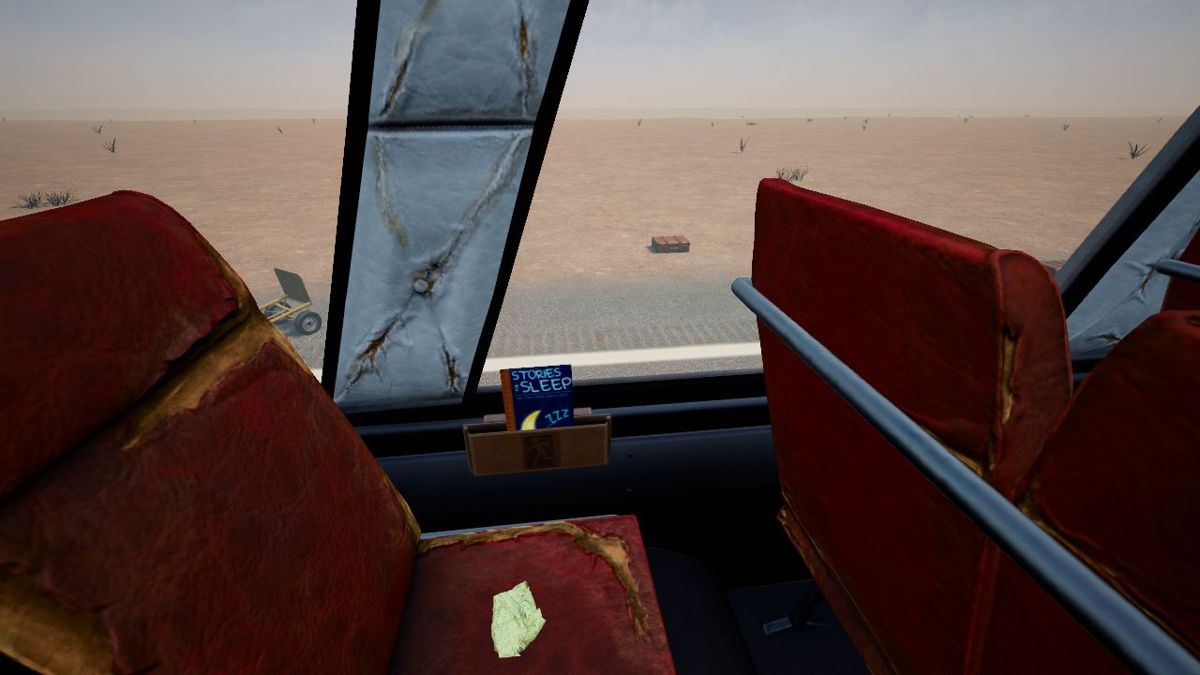 Desert Bus VR (Windows) screenshot: Picking up the leaflet by the passenger window ends the ride