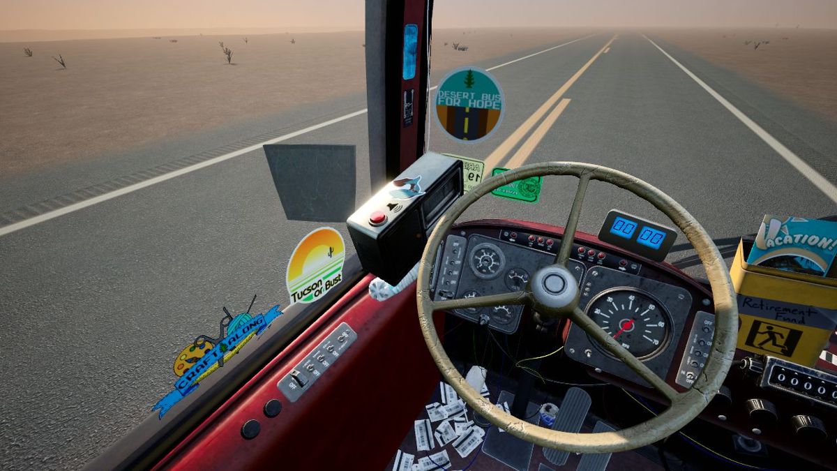 Desert Bus VR (Windows) screenshot: To drive the bus - the 'W' key moves forward; the 'A' and 'S' keys steer; the mouse is used to honk the horn, turn the radio on/off and open & close the door. Picking up the Vacation leaflet (centre right) ends the ride.
