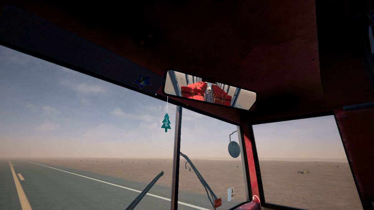 Desert Bus VR (Windows) screenshot: While driving we can look out of the windows at the flat, boring scenery or look in the mirror.
