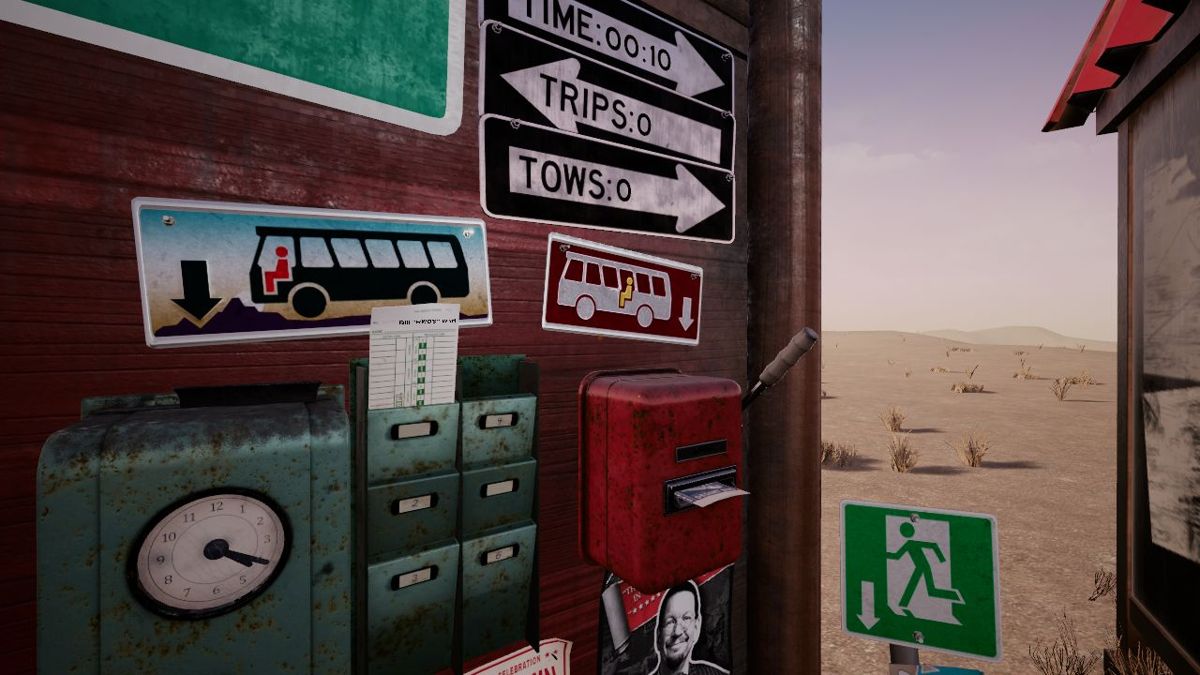 Desert Bus VR (Windows) screenshot: The notice board also shows the total journey time, number of completed trips and the number of failed trips