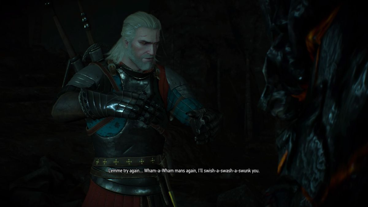 The Witcher 3: Wild Hunt - New Quest: "Contract: Missing Miners" (PlayStation 4) screenshot: Geralt coming to terms with the troll