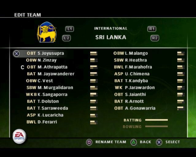 Cricket 07 (PlayStation 2) screenshot: There are eighteen international sides from Australia to Zimbabwe plus Australian state teams, English county teams and 'Others'. All can be edited