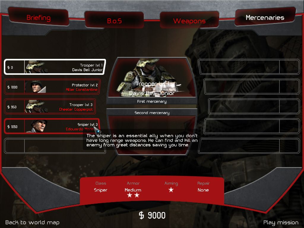 Bet on Soldier: Blood Sport (Windows) screenshot: Finally, pick up to two mercenary teammates.