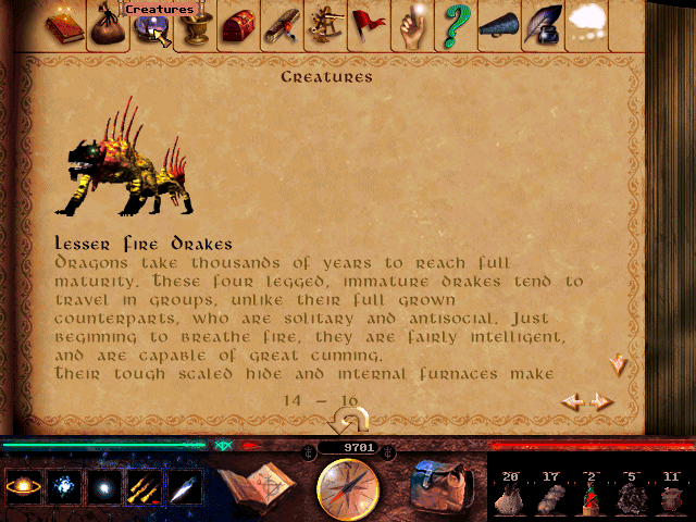 Lands of Lore III (Windows) screenshot: With each new acquaintance, you'll get an info for the certain beast or creature, from where you can find out their weak points.
