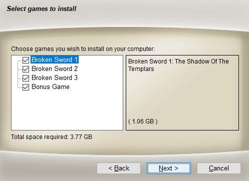 Broken Sword Trilogy (Windows) screenshot: After agreeing to the licensing agreement I got the option to choose the games I wanted to install.